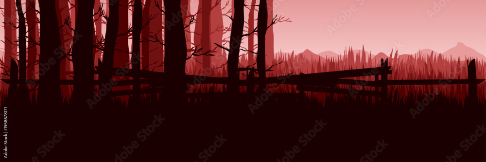 Fototapeta premium Red earth background with dead tree and wooden fence silhouette for autumn banner