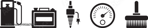 Set of five essential black vector icons representing automotive service tools like gas pump battery spark plug gauge and brush.