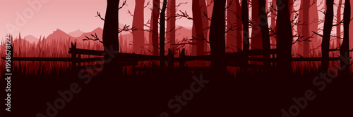 Red nature horizon with dead forest and ruined fence for climate change report