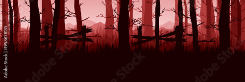 Moody dark red woodland vector illustration for creative mystery poster header