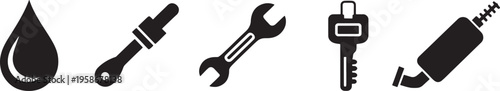 A collection of essential maintenance and repair tool icons including liquid drop wrench key and diagnostic probe graphic.