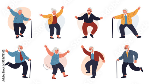 Collection of eight elderly people in different energetic poses like dancing and walking with canes shown in a flat cartoon style.