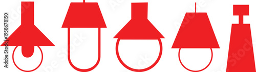 A set of five minimalist red vector graphic icons representing various styles of hanging light fixtures and ceiling lamps