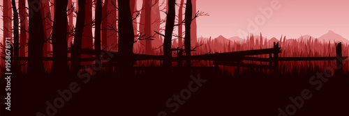 Red earth background with dead tree and wooden fence silhouette for autumn banner