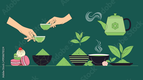 Wide composition featuring matcha tea elements like hands holding cups, a teapot, tea leaves, powder bowls, and colorful macarons.