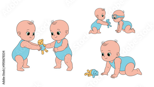 Group of adorable babies in blue onesies playing together and sharing toys like a teddy bear on a white background.