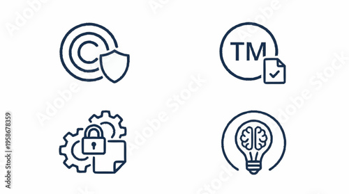 A digital illustration depicts four icons representing protection, verification, security, and innovation on a white background.