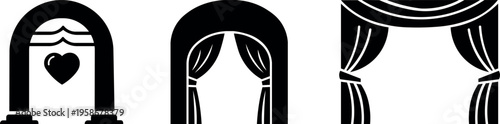 Black silhouette wedding arche icon vector set with decorative curtain and heart shape isolated on transparent background