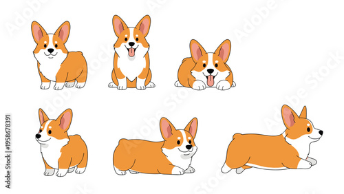 Set of cute corgi dog illustrations in various poses including sitting, lying down, and running for pet lovers.