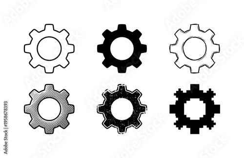 Six gear icons in black and white