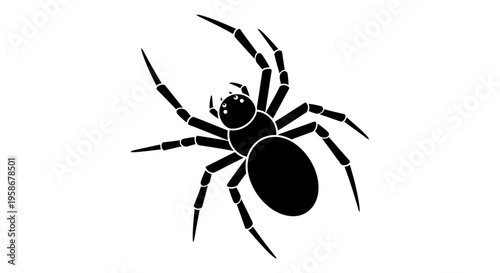 Black silhouette of a spider with eight legs on a white background.