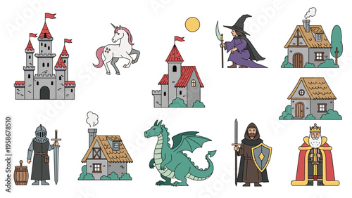 Selection of fantasy elements including a castle, unicorn, witch, cottage, knight, dragon, king, and a noble warrior with a sword.