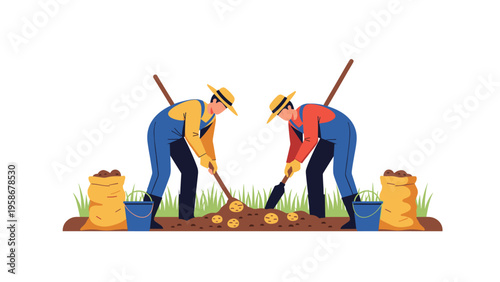 Two farmers wearing straw hats and overalls digging for potatoes in a field with sacks and buckets of harvest.