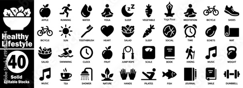 Healthy lifestyle solid icon set. Collection depicting healthy living habits, fitness training, nutritious food items, mental health, and recreational sports vector illustration.