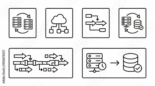 Flowchart symbols illustrate database connections and data exchange processes