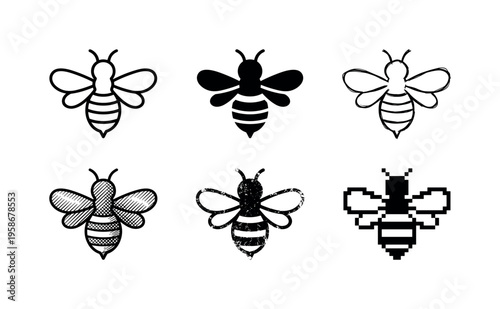 Six bee icons in varied styles shown