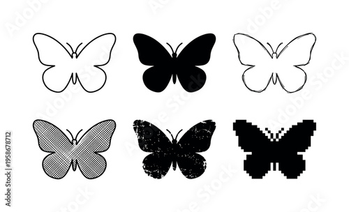 Six butterflies in contrasting styles appear