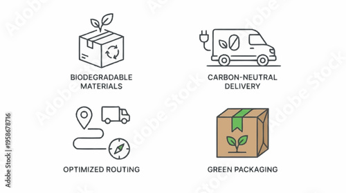 Sustainable delivery icons showcase eco-friendly practices with biodegradable materials and green packaging