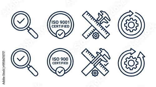 Quality control icons with magnifying glasses and gears show certification process