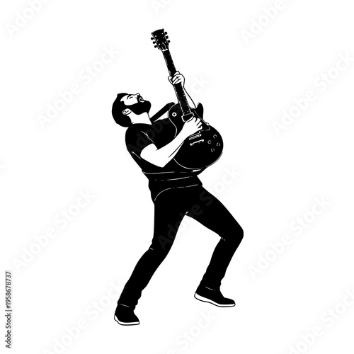 Vector illustration of an expressive male rock guitarist playing electric guitar isolated on white background