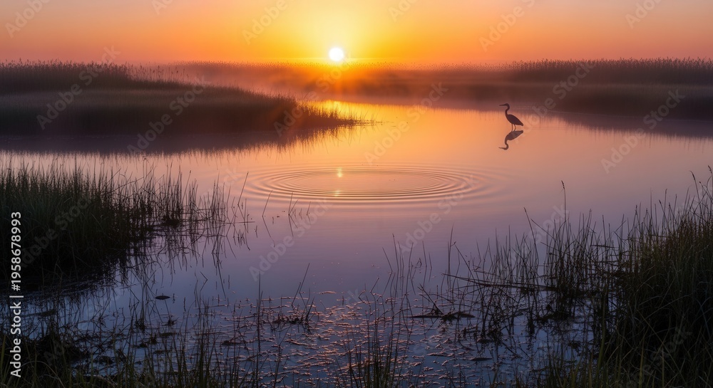 Fototapeta premium Serene Sunrise Over Misty Lake with Single Swan Gliding on Water
