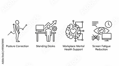 Office workers use standing desks for posture correction and mental health support
