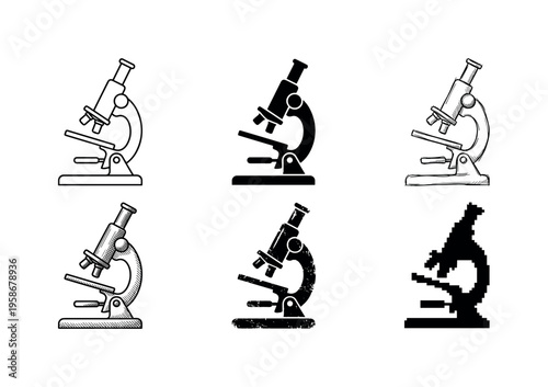 Six microscopes arranged neatly in two rows