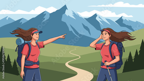Two female hikers with backpacks exploring a scenic mountain landscape with a winding path and pine trees.