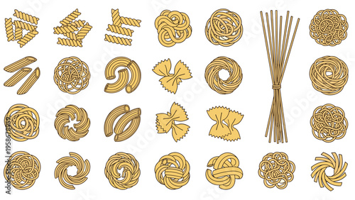 Large array of many different types of pasta shapes including penne, farfalle, spaghetti, and various coiled or twisted varieties.