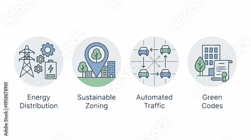 The image depicts sustainable city planning with energy distribution, green codes, automated traffic, and sustainable zoning.