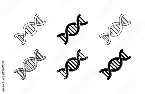 Six DNA double helix icons in black and white
