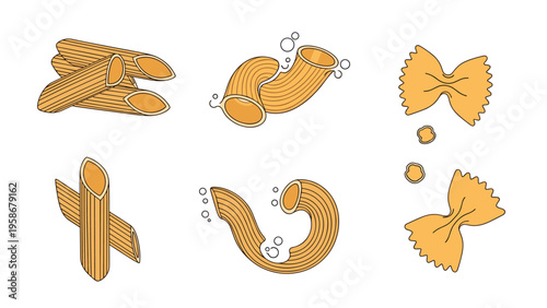 Assortment of different pasta shapes including penne, macaroni, and farfalle for culinary and cooking themes.