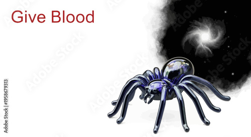 Glossy dark spider sculpture glows against a cosmic spiral background.