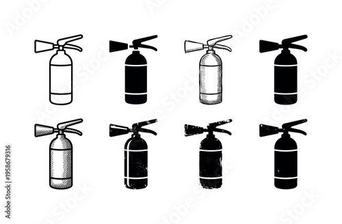 Eight fire extinguishers arranged in two rows