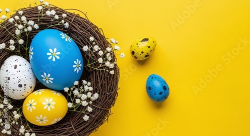 Easter eggs in a nest with white flowers on a yellow background