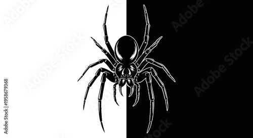 Black widow spider graphic sits perfectly centered on a split white.