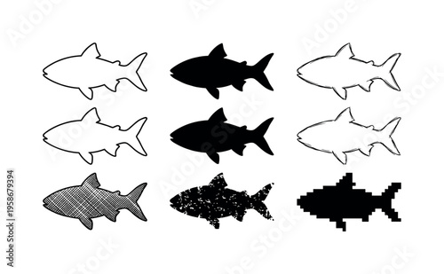 Black and white fish silhouettes arranged in three rows