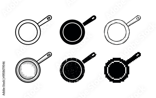 Six frying pans in simple black and white