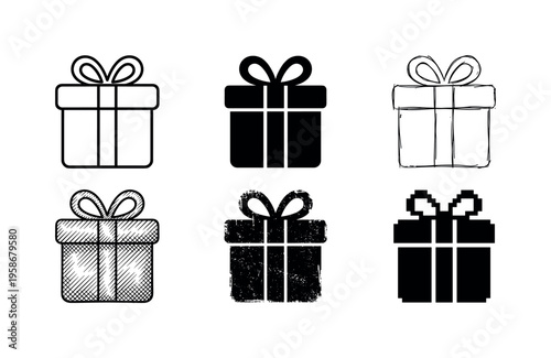 Six stylized gift boxes in black and white