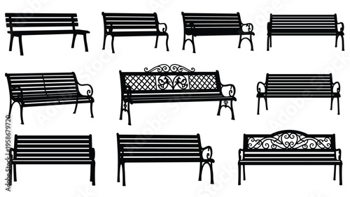 Set of black silhouettes of different park and garden bench designs ranging from simple to ornate styles.