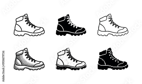 Six boot styles shown in black and white