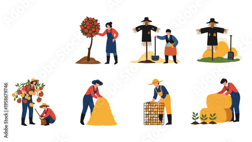 Collection of farmers performing various agricultural tasks like harvesting apples, moving hay, and tending to crops.