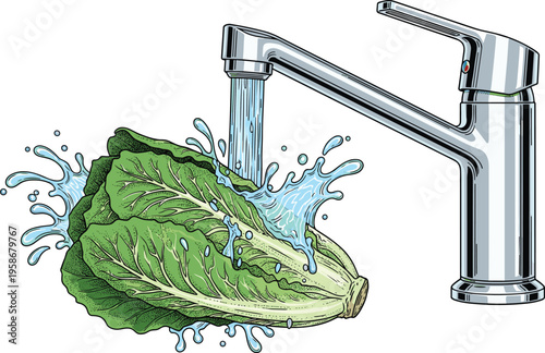 Washing Fresh Romaine Lettuce Under Kitchen Faucet Vector Illustration Featuring Water Stream and Splashes for Food Safety and Healthy Meal Preparation