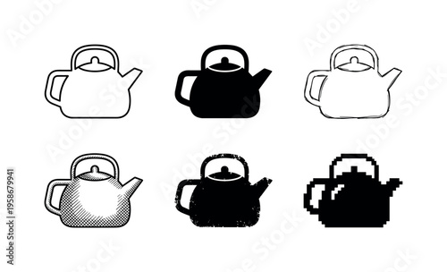 Six kettle icons in black and white