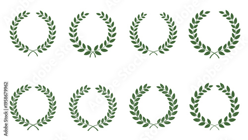 Diverse set of circular green laurel and leaf wreaths suitable for awards, certifications, or organic product branding.