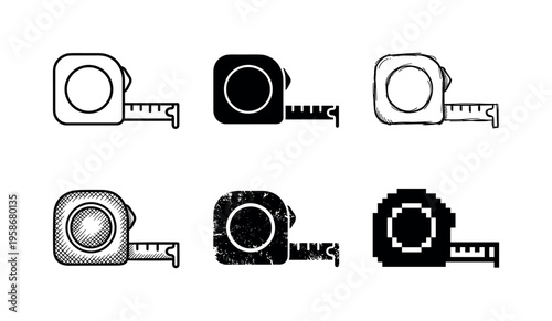 Six minimalist tape measure icons in monochrome