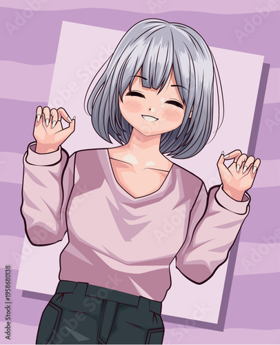 A delightful anime character with fashionable short silver hair, radiating pure happiness and joy, wearing a pink top, smiling sweetly with rosy cheeks, and gesturing playfully with her hands on a pur