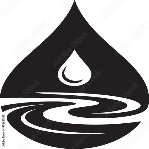 A stylized black and white water drop logo with a smaller drop and river inside the larger drop shape