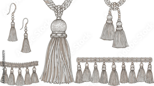 Luxury Decorative Textile Trimmings and Tassel Jewelry Set Featuring Silk Fringe Earrings Drapery Tiebacks and Ornate Braided Border Isolated on White Background