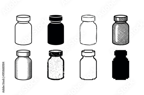 Six medicine bottles, black and white